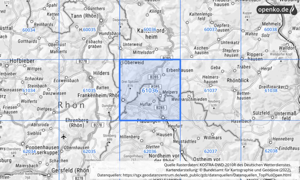 Übersichtskarte KOSTRA-DWD-2010R Rasterfeld Nr. 61036 mit angrenzenden Feldern