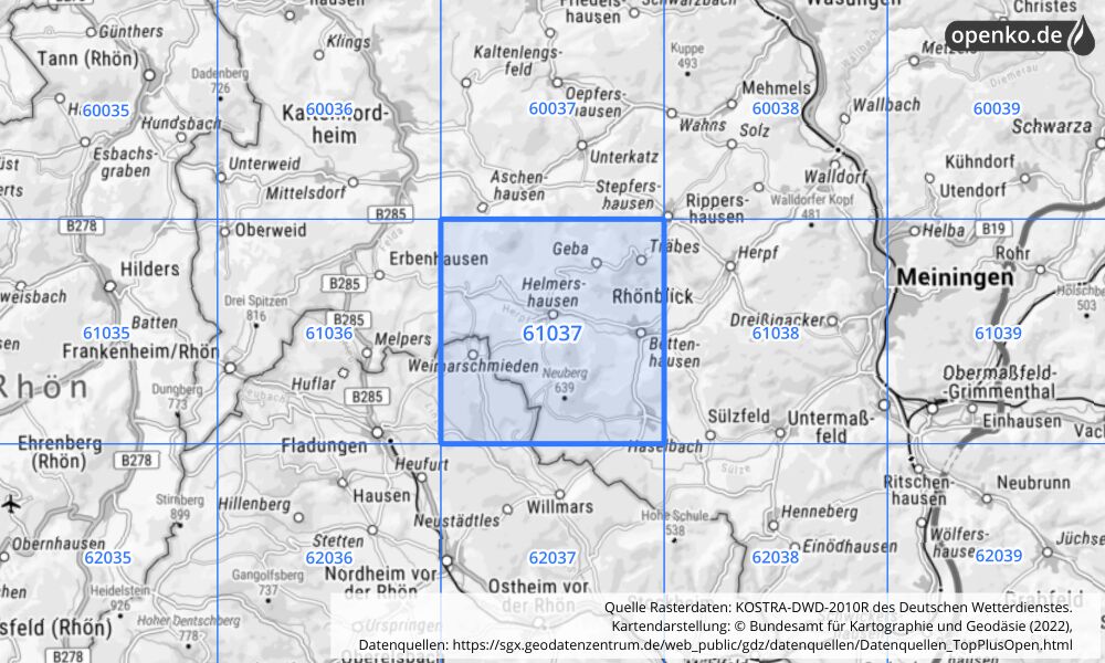 Übersichtskarte KOSTRA-DWD-2010R Rasterfeld Nr. 61037 mit angrenzenden Feldern