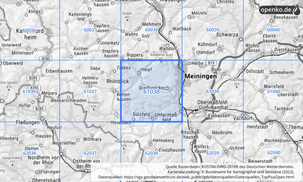 Übersichtskarte KOSTRA-DWD-2010R Rasterfeld Nr. 61038 mit angrenzenden Feldern