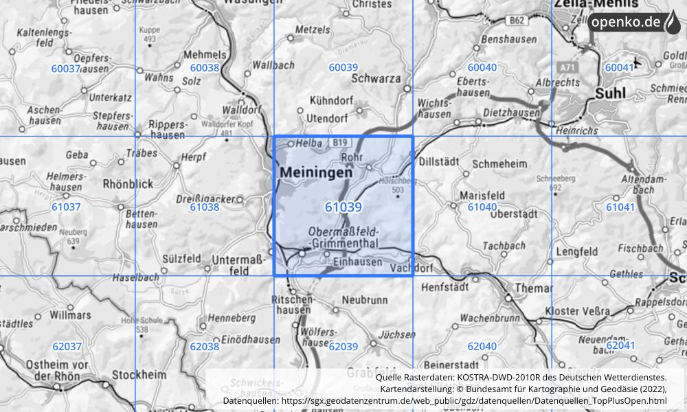 Übersichtskarte KOSTRA-DWD-2010R Rasterfeld Nr. 61039 mit angrenzenden Feldern