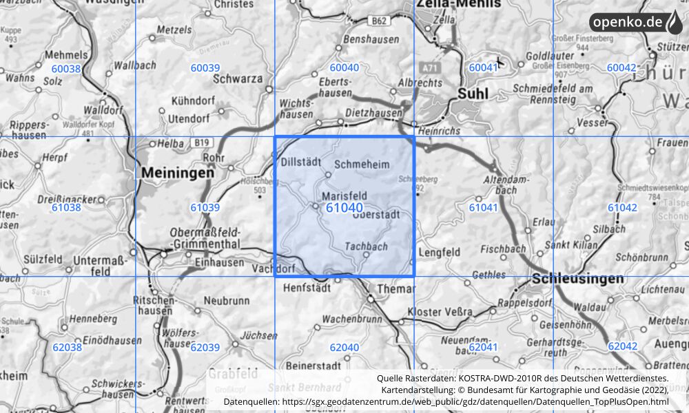 Übersichtskarte KOSTRA-DWD-2010R Rasterfeld Nr. 61040 mit angrenzenden Feldern