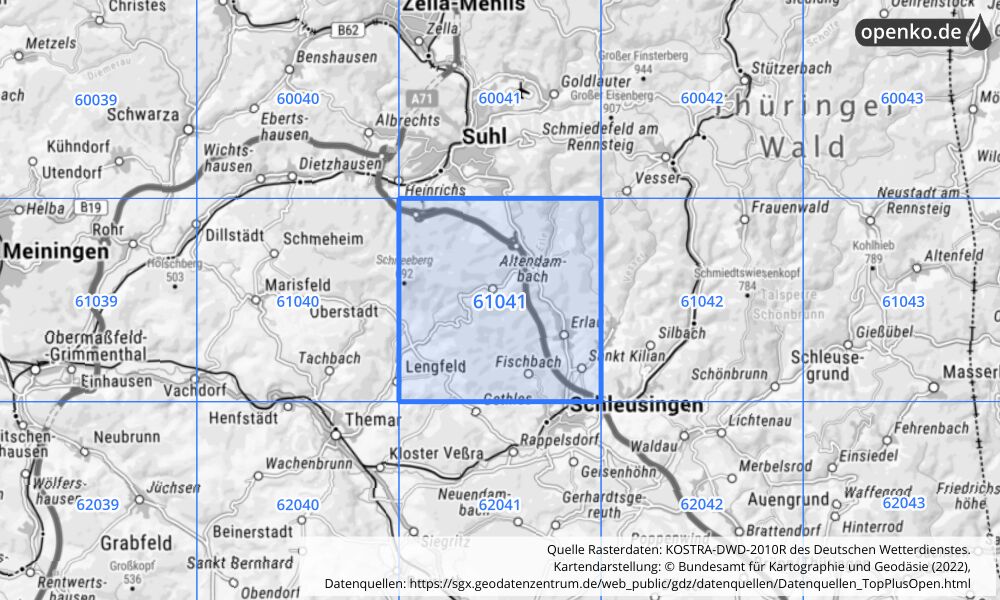 Übersichtskarte KOSTRA-DWD-2010R Rasterfeld Nr. 61041 mit angrenzenden Feldern