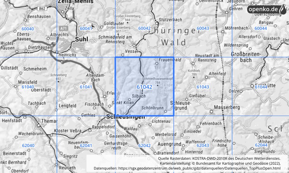 Übersichtskarte KOSTRA-DWD-2010R Rasterfeld Nr. 61042 mit angrenzenden Feldern