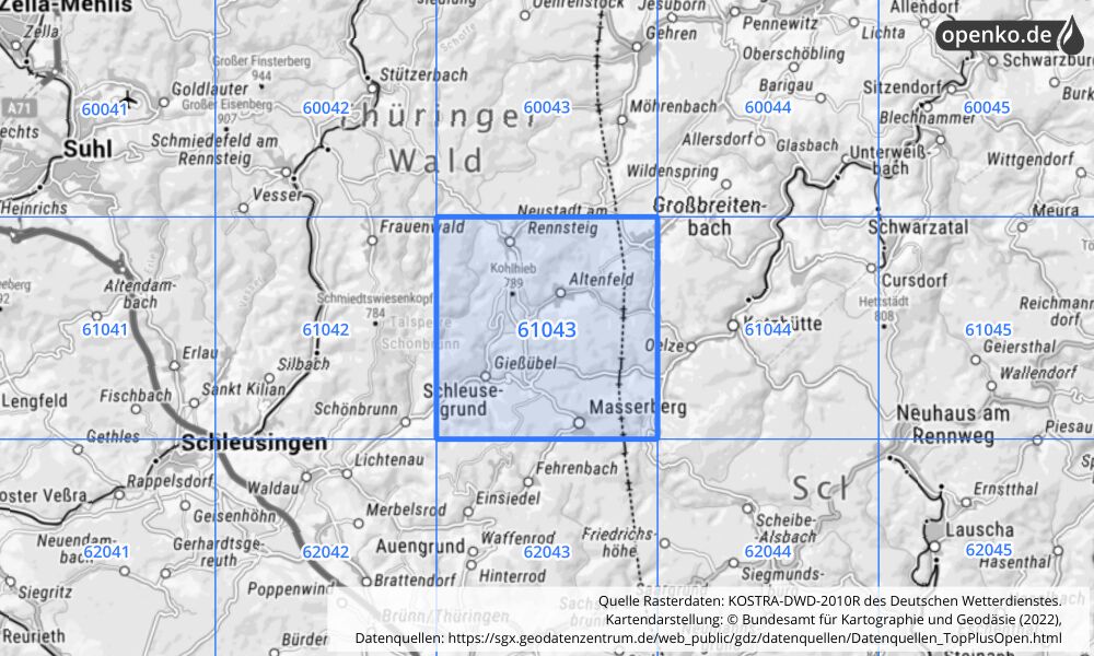 Übersichtskarte KOSTRA-DWD-2010R Rasterfeld Nr. 61043 mit angrenzenden Feldern