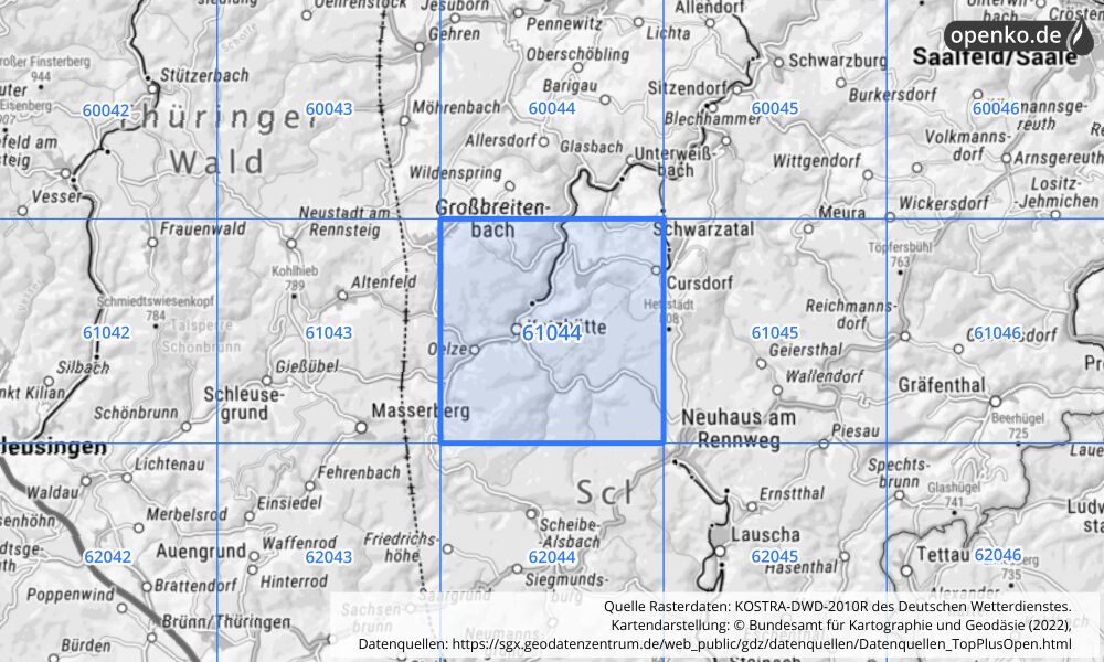 Übersichtskarte KOSTRA-DWD-2010R Rasterfeld Nr. 61044 mit angrenzenden Feldern