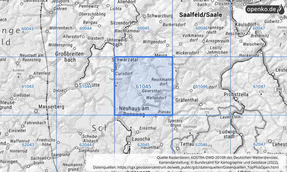 Übersichtskarte KOSTRA-DWD-2010R Rasterfeld Nr. 61045 mit angrenzenden Feldern