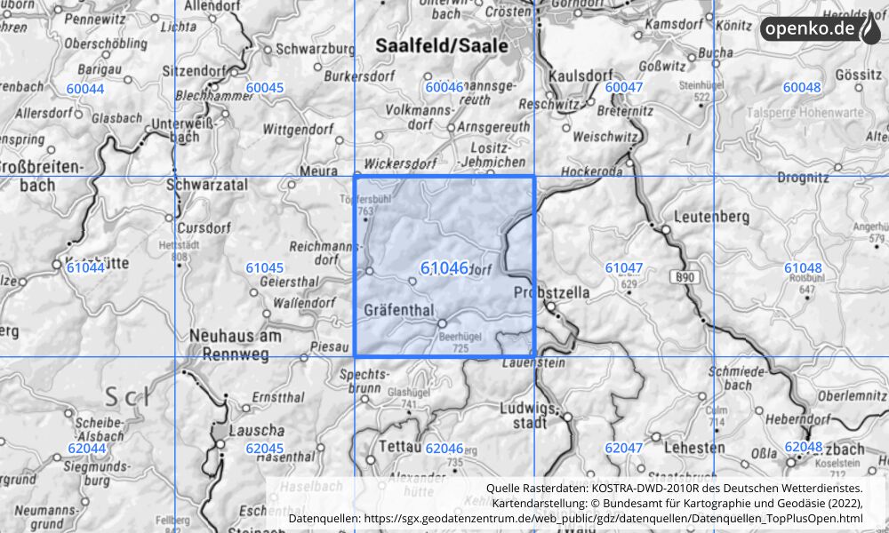 Übersichtskarte KOSTRA-DWD-2010R Rasterfeld Nr. 61046 mit angrenzenden Feldern