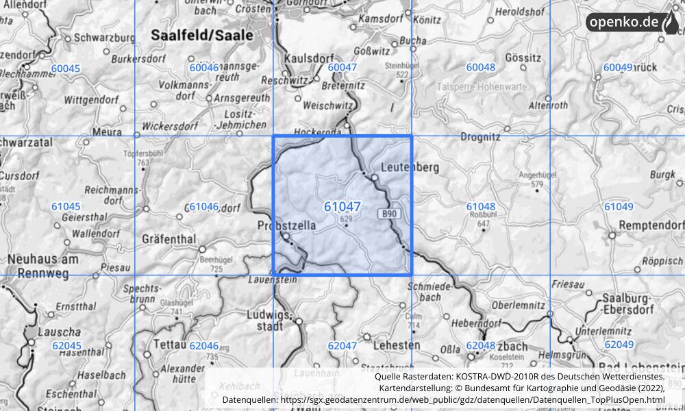 Übersichtskarte KOSTRA-DWD-2010R Rasterfeld Nr. 61047 mit angrenzenden Feldern