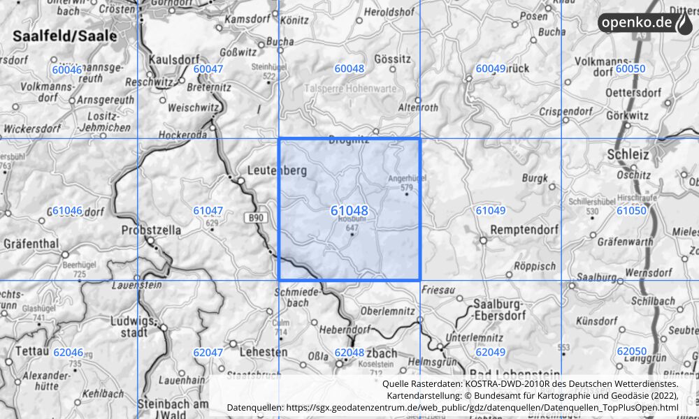 Übersichtskarte KOSTRA-DWD-2010R Rasterfeld Nr. 61048 mit angrenzenden Feldern