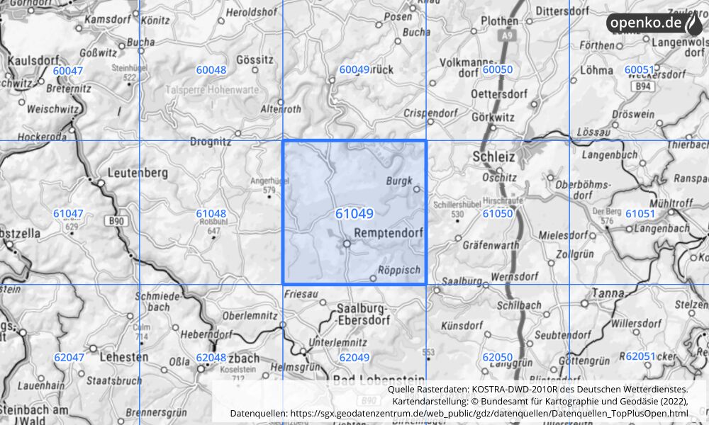 Übersichtskarte KOSTRA-DWD-2010R Rasterfeld Nr. 61049 mit angrenzenden Feldern