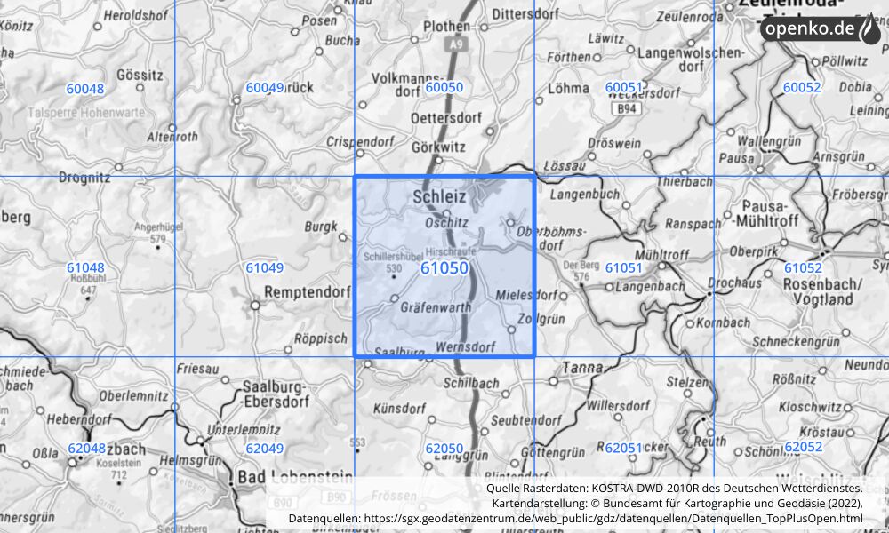 Übersichtskarte KOSTRA-DWD-2010R Rasterfeld Nr. 61050 mit angrenzenden Feldern