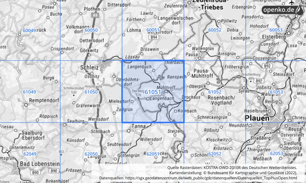Übersichtskarte KOSTRA-DWD-2010R Rasterfeld Nr. 61051 mit angrenzenden Feldern