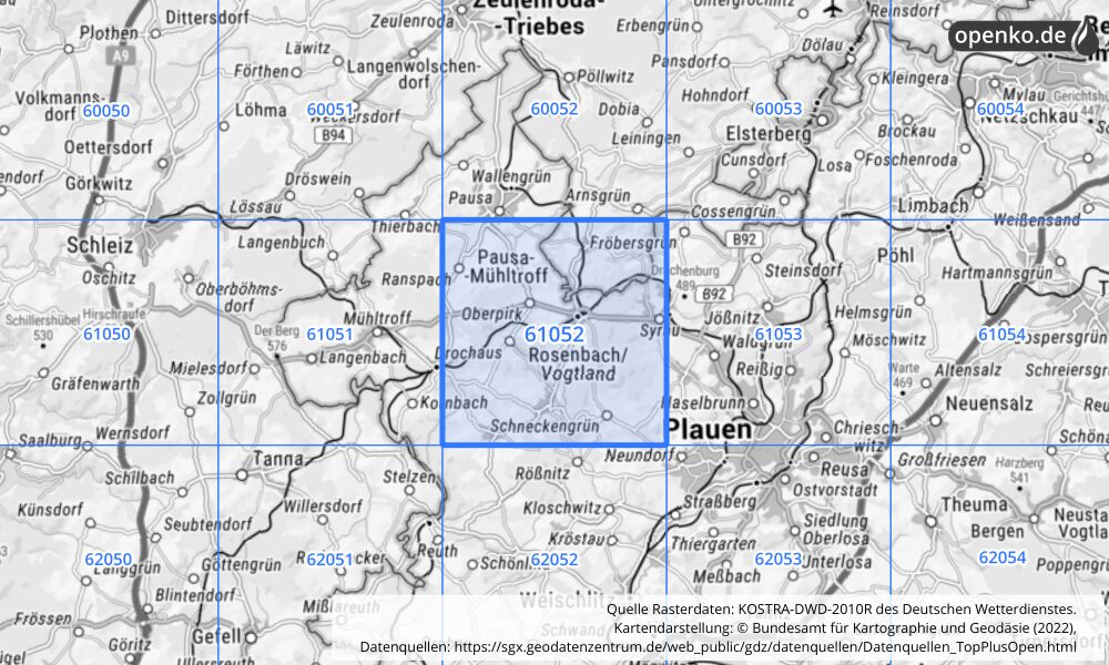 Übersichtskarte KOSTRA-DWD-2010R Rasterfeld Nr. 61052 mit angrenzenden Feldern