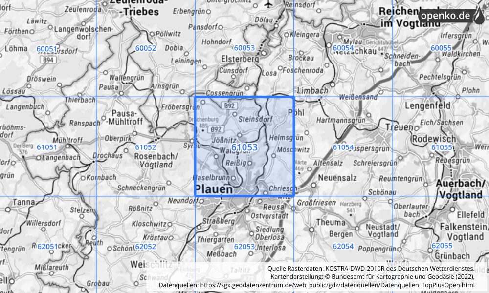 Übersichtskarte KOSTRA-DWD-2010R Rasterfeld Nr. 61053 mit angrenzenden Feldern