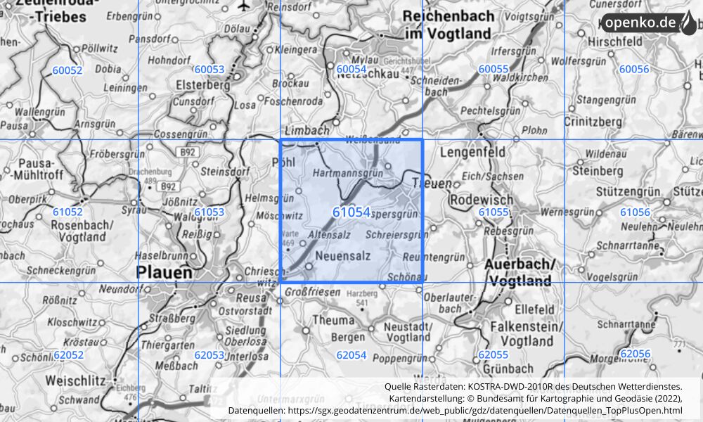 Übersichtskarte KOSTRA-DWD-2010R Rasterfeld Nr. 61054 mit angrenzenden Feldern