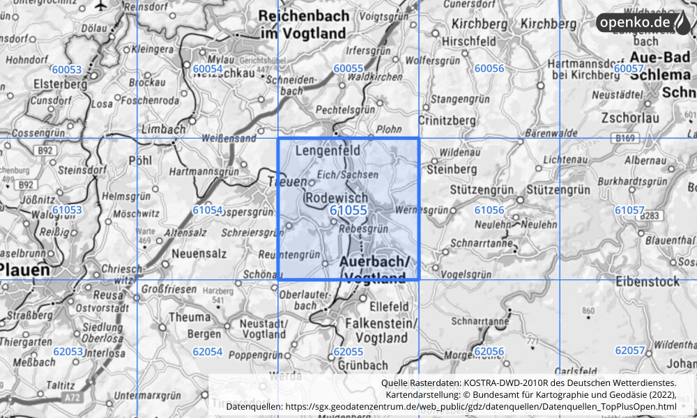 Übersichtskarte KOSTRA-DWD-2010R Rasterfeld Nr. 61055 mit angrenzenden Feldern