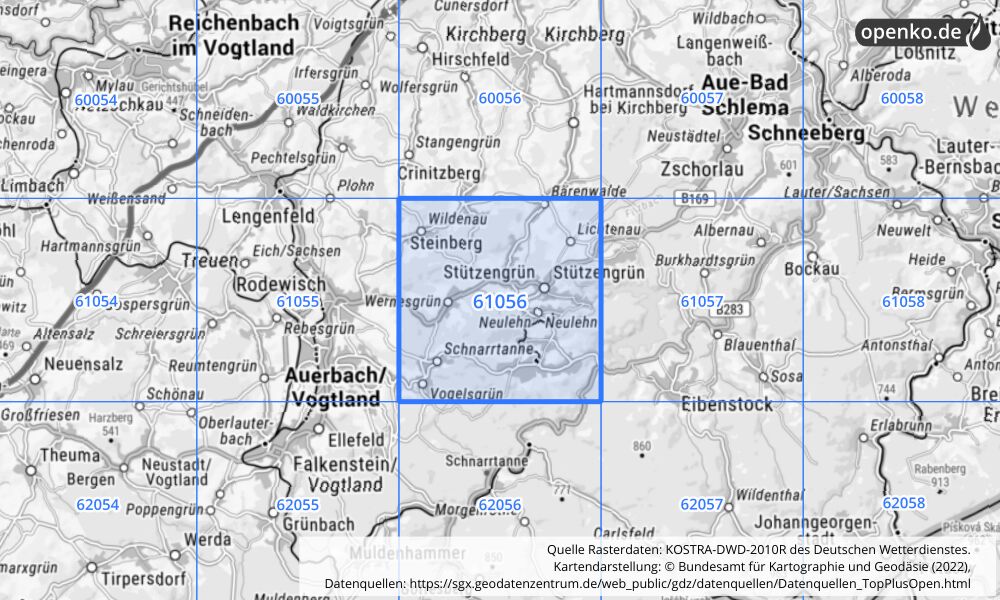 Übersichtskarte KOSTRA-DWD-2010R Rasterfeld Nr. 61056 mit angrenzenden Feldern