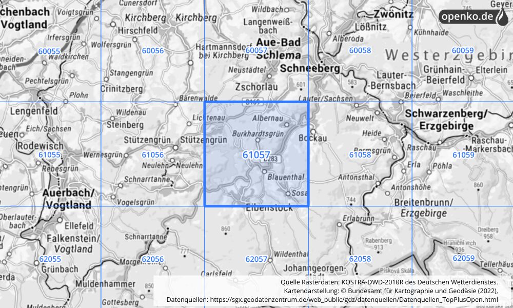 Übersichtskarte KOSTRA-DWD-2010R Rasterfeld Nr. 61057 mit angrenzenden Feldern