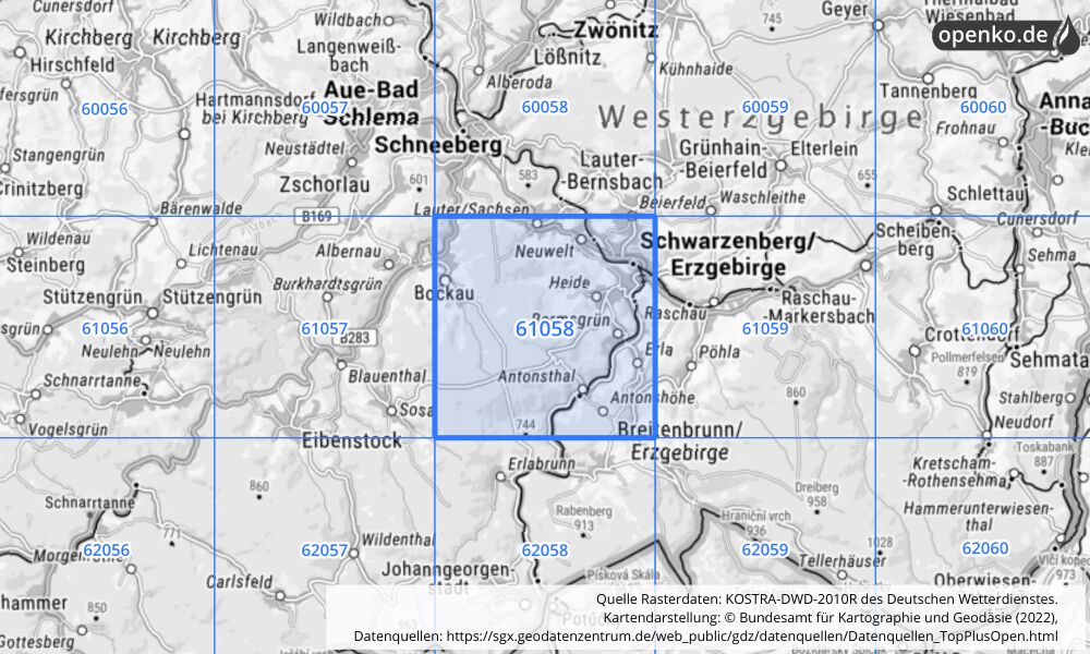 Übersichtskarte KOSTRA-DWD-2010R Rasterfeld Nr. 61058 mit angrenzenden Feldern