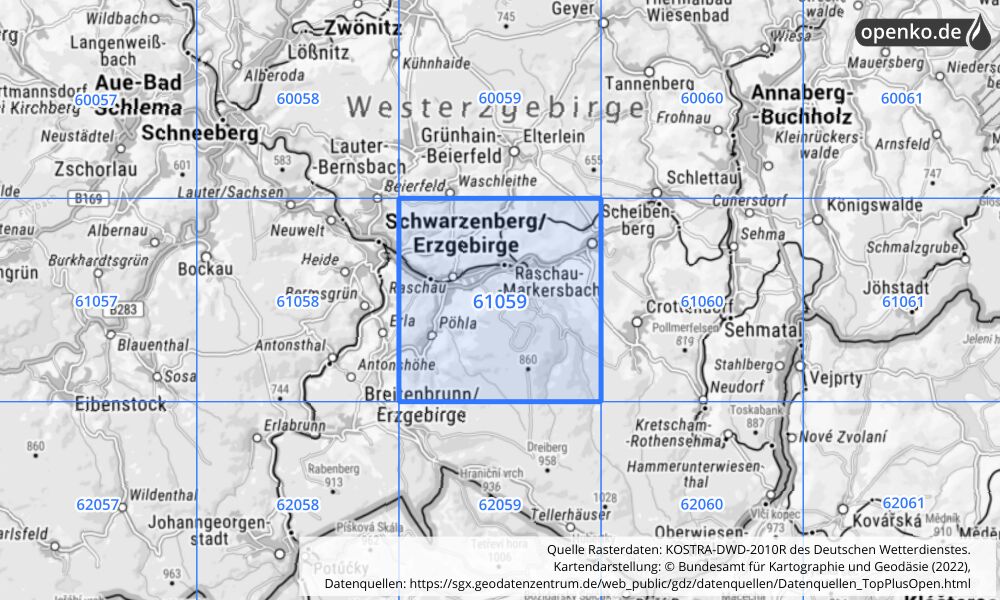 Übersichtskarte KOSTRA-DWD-2010R Rasterfeld Nr. 61059 mit angrenzenden Feldern