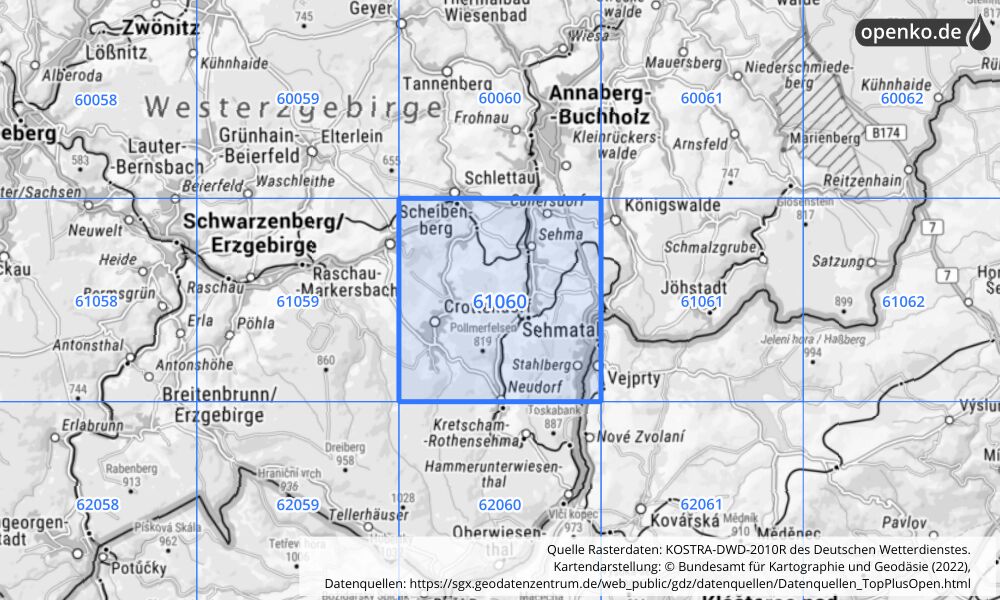 Übersichtskarte KOSTRA-DWD-2010R Rasterfeld Nr. 61060 mit angrenzenden Feldern