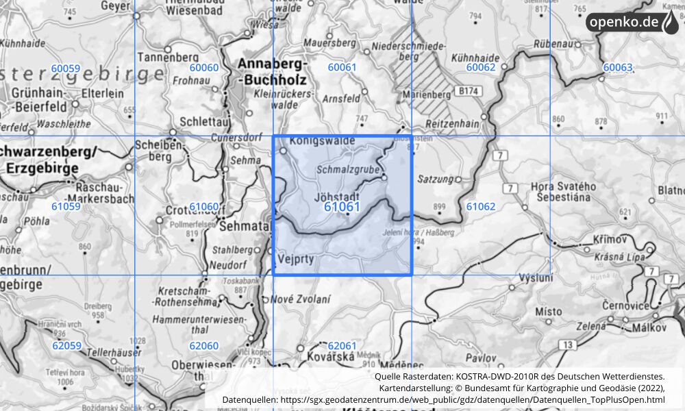 Übersichtskarte KOSTRA-DWD-2010R Rasterfeld Nr. 61061 mit angrenzenden Feldern