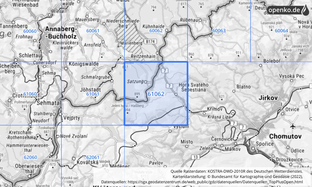 Übersichtskarte KOSTRA-DWD-2010R Rasterfeld Nr. 61062 mit angrenzenden Feldern