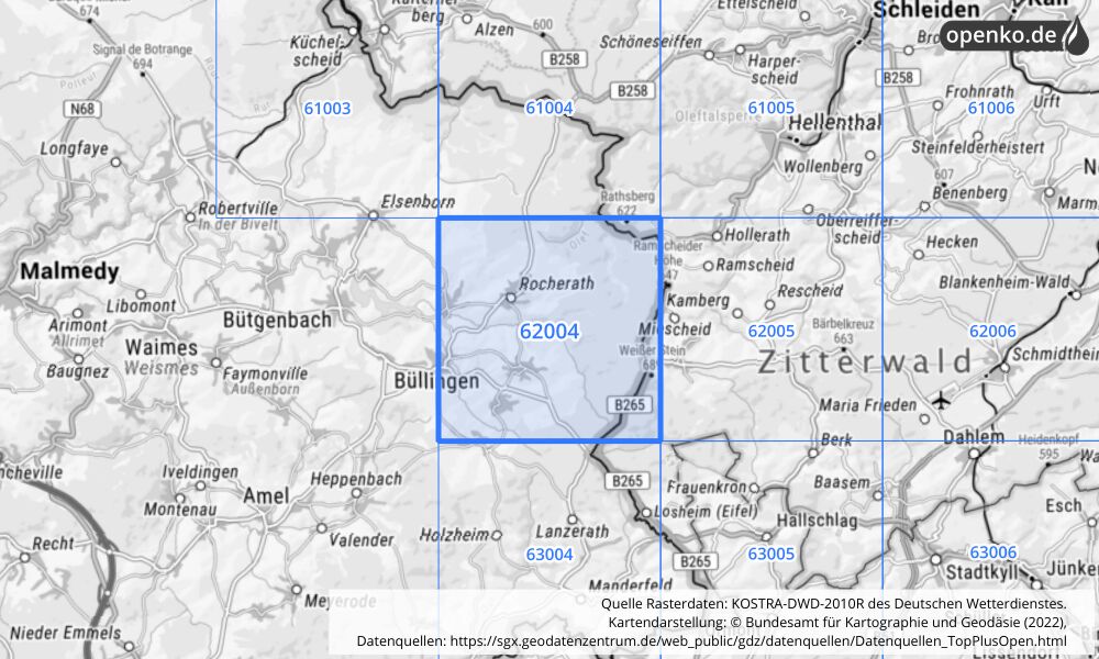 Übersichtskarte KOSTRA-DWD-2010R Rasterfeld Nr. 62004 mit angrenzenden Feldern