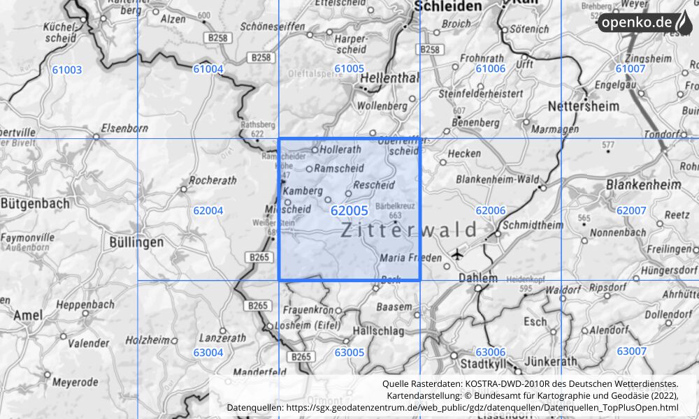 Übersichtskarte KOSTRA-DWD-2010R Rasterfeld Nr. 62005 mit angrenzenden Feldern