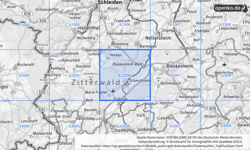 Übersichtskarte KOSTRA-DWD-2010R Rasterfeld Nr. 62006 mit angrenzenden Feldern