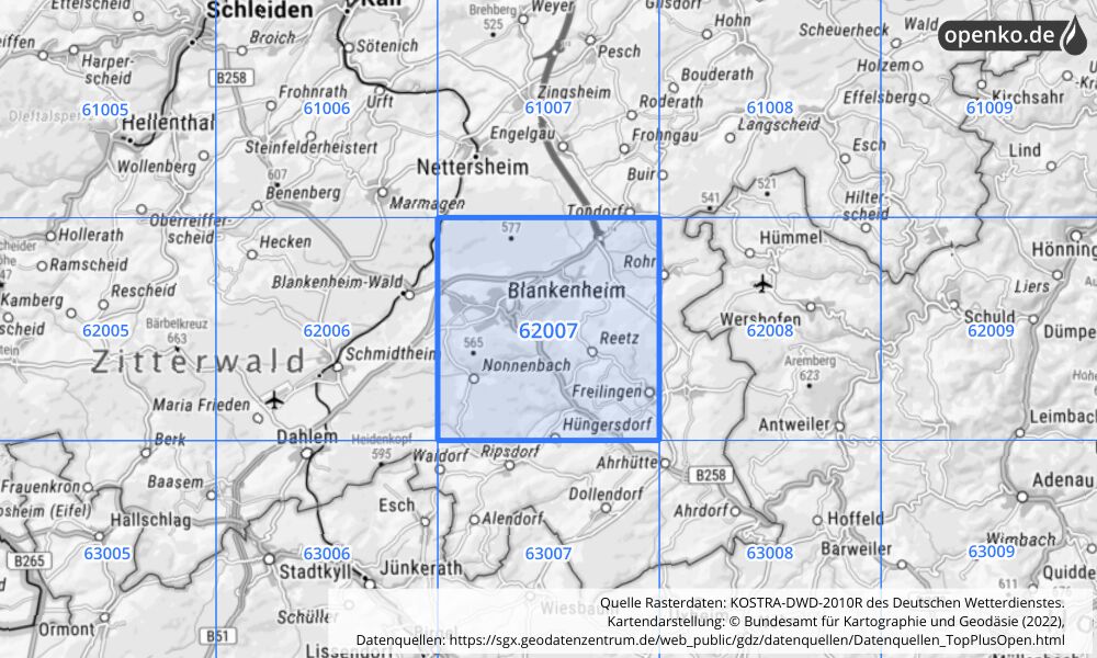 Übersichtskarte KOSTRA-DWD-2010R Rasterfeld Nr. 62007 mit angrenzenden Feldern