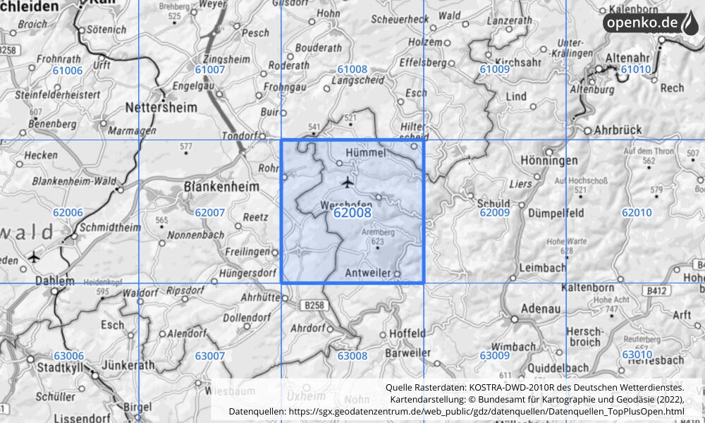 Übersichtskarte KOSTRA-DWD-2010R Rasterfeld Nr. 62008 mit angrenzenden Feldern