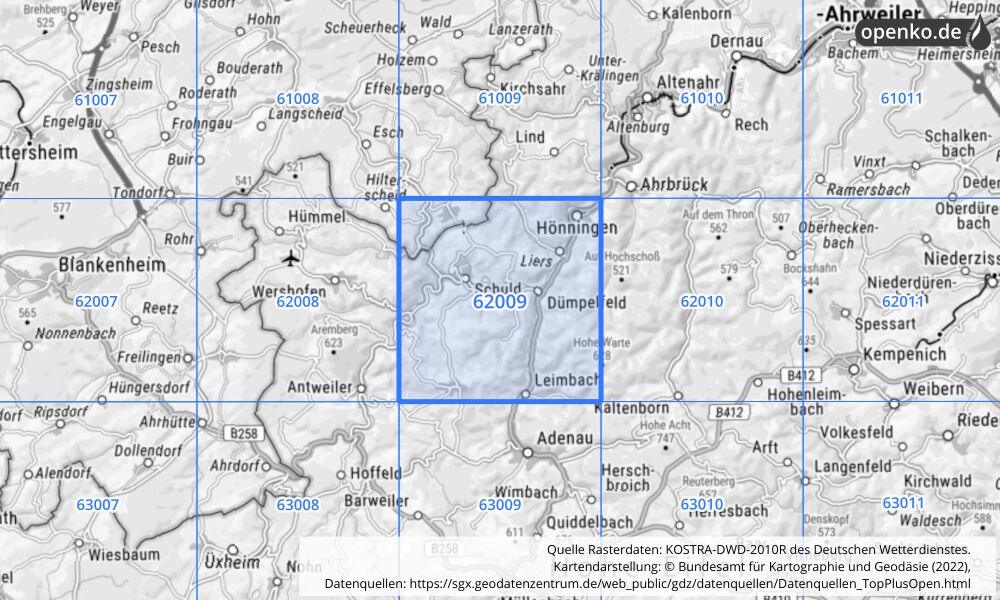 Übersichtskarte KOSTRA-DWD-2010R Rasterfeld Nr. 62009 mit angrenzenden Feldern