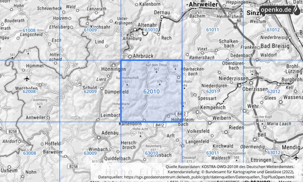 Übersichtskarte KOSTRA-DWD-2010R Rasterfeld Nr. 62010 mit angrenzenden Feldern