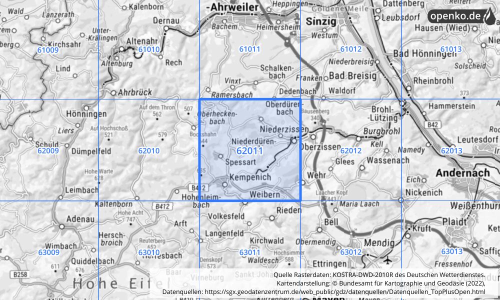 Übersichtskarte KOSTRA-DWD-2010R Rasterfeld Nr. 62011 mit angrenzenden Feldern