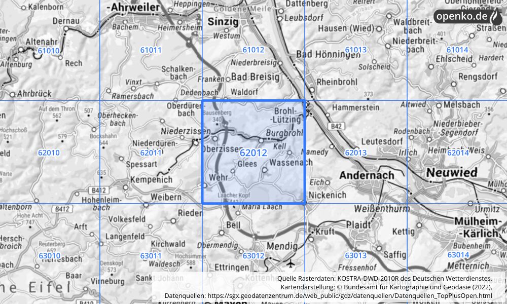 Übersichtskarte KOSTRA-DWD-2010R Rasterfeld Nr. 62012 mit angrenzenden Feldern