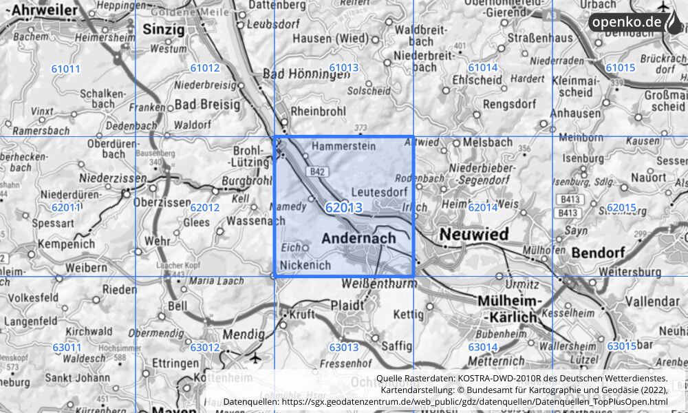 Übersichtskarte KOSTRA-DWD-2010R Rasterfeld Nr. 62013 mit angrenzenden Feldern