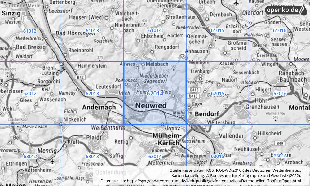 Übersichtskarte KOSTRA-DWD-2010R Rasterfeld Nr. 62014 mit angrenzenden Feldern