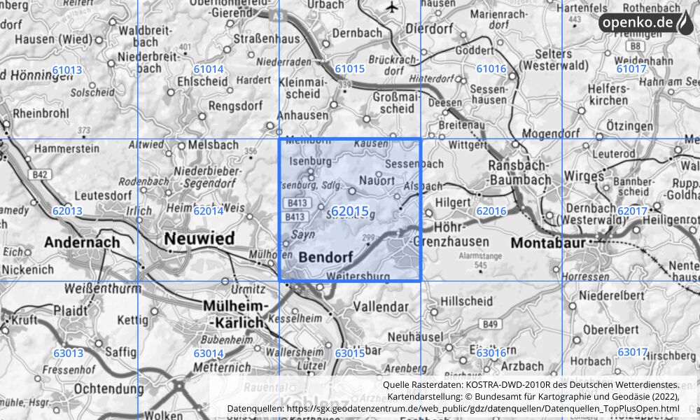 Übersichtskarte KOSTRA-DWD-2010R Rasterfeld Nr. 62015 mit angrenzenden Feldern