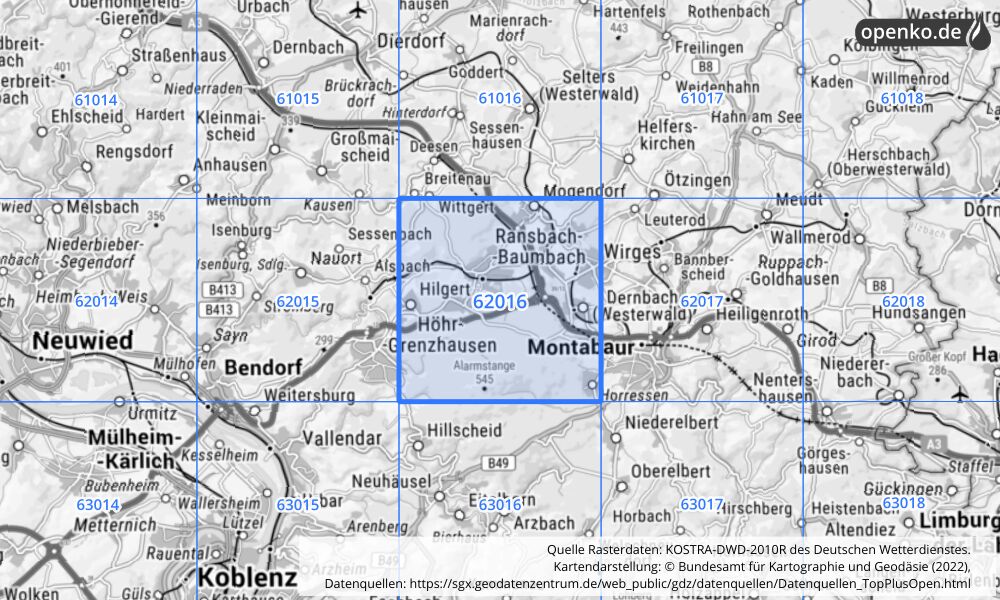 Übersichtskarte KOSTRA-DWD-2010R Rasterfeld Nr. 62016 mit angrenzenden Feldern