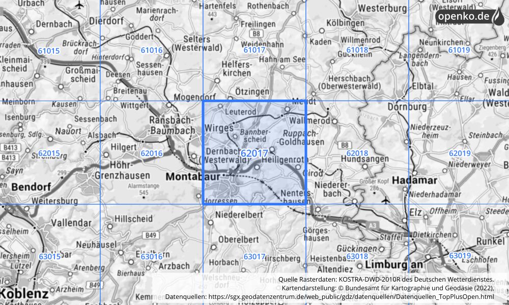 Übersichtskarte KOSTRA-DWD-2010R Rasterfeld Nr. 62017 mit angrenzenden Feldern