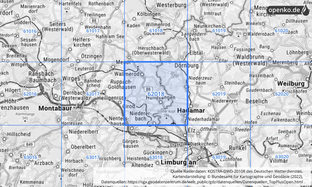 Übersichtskarte KOSTRA-DWD-2010R Rasterfeld Nr. 62018 mit angrenzenden Feldern