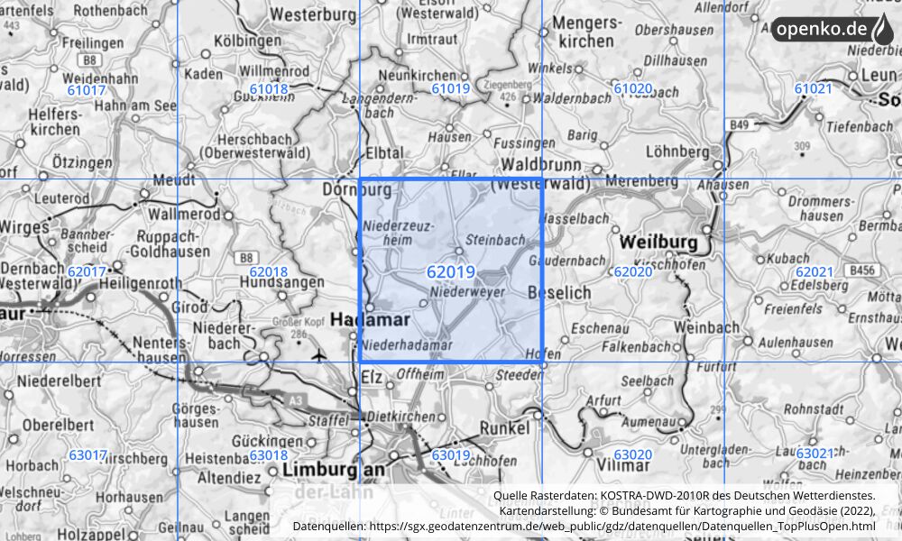 Übersichtskarte KOSTRA-DWD-2010R Rasterfeld Nr. 62019 mit angrenzenden Feldern