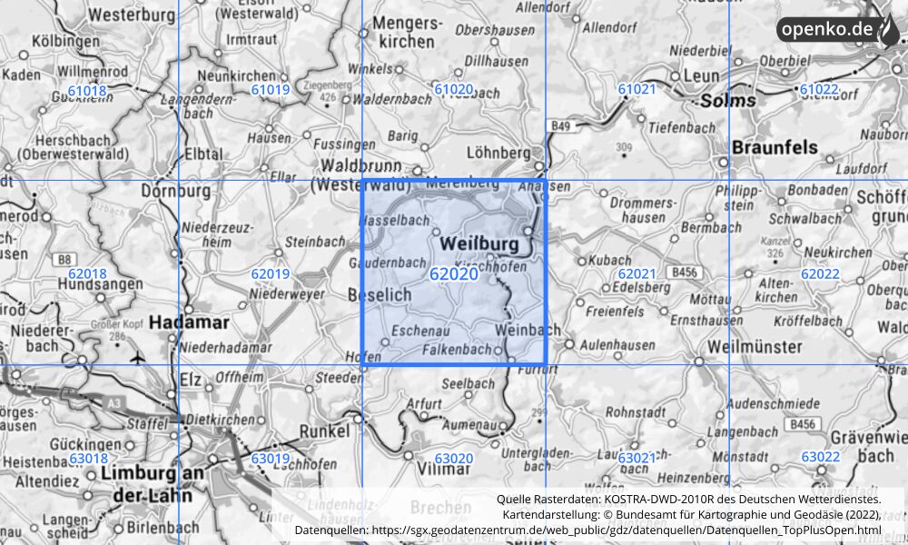 Übersichtskarte KOSTRA-DWD-2010R Rasterfeld Nr. 62020 mit angrenzenden Feldern