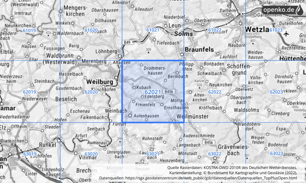 Übersichtskarte KOSTRA-DWD-2010R Rasterfeld Nr. 62021 mit angrenzenden Feldern