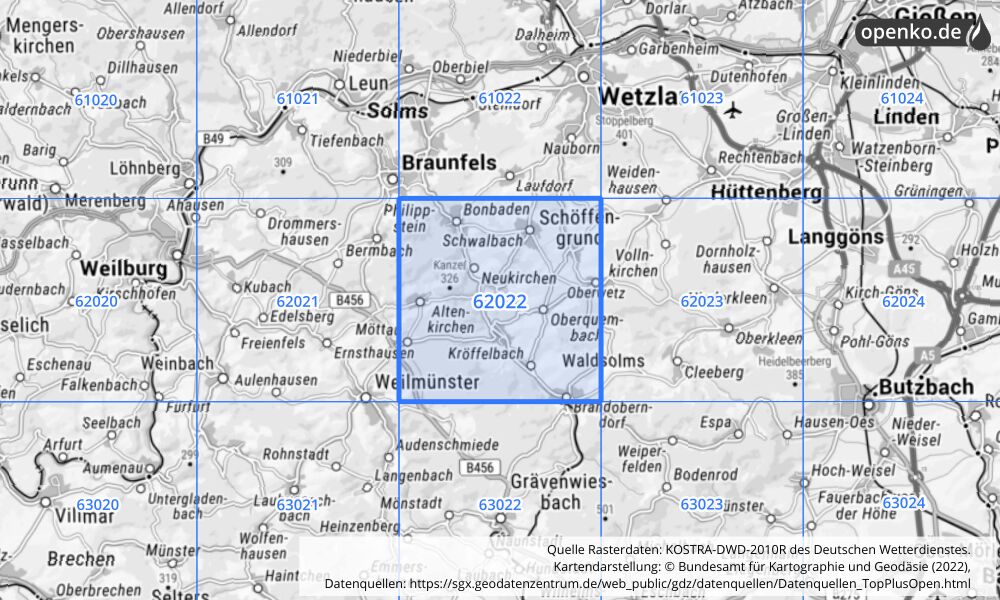 Übersichtskarte KOSTRA-DWD-2010R Rasterfeld Nr. 62022 mit angrenzenden Feldern