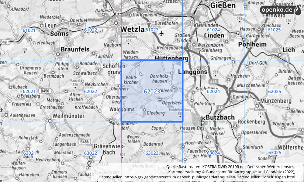 Übersichtskarte KOSTRA-DWD-2010R Rasterfeld Nr. 62023 mit angrenzenden Feldern