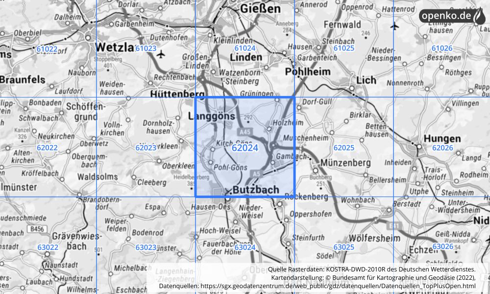 Übersichtskarte KOSTRA-DWD-2010R Rasterfeld Nr. 62024 mit angrenzenden Feldern