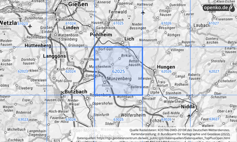 Übersichtskarte KOSTRA-DWD-2010R Rasterfeld Nr. 62025 mit angrenzenden Feldern