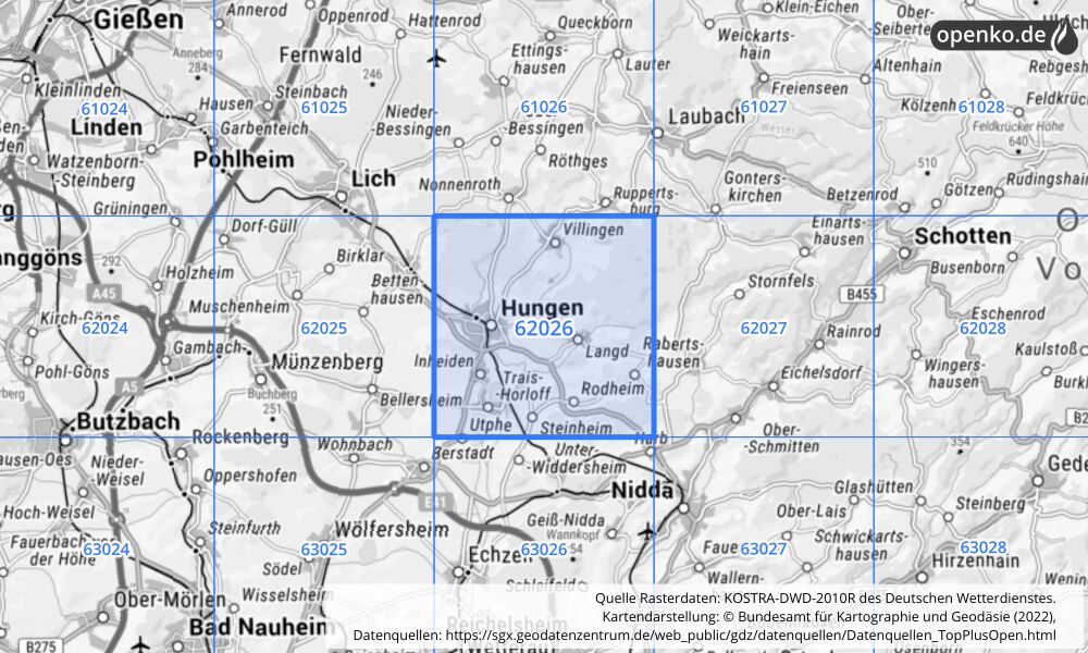 Übersichtskarte KOSTRA-DWD-2010R Rasterfeld Nr. 62026 mit angrenzenden Feldern